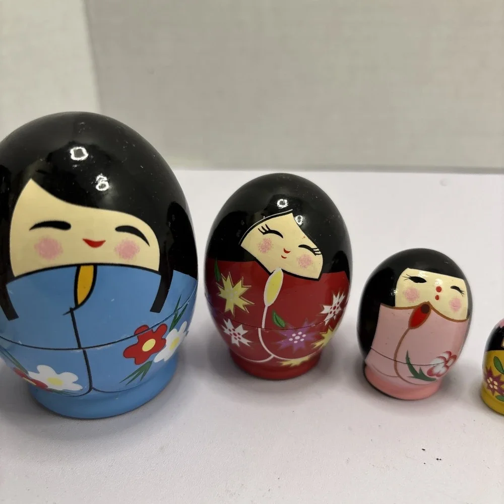 Vtg‎ Kawaii Kokeshi Nesting Dolls 6 Pieces Gift Japan Lotus Flower 4 In